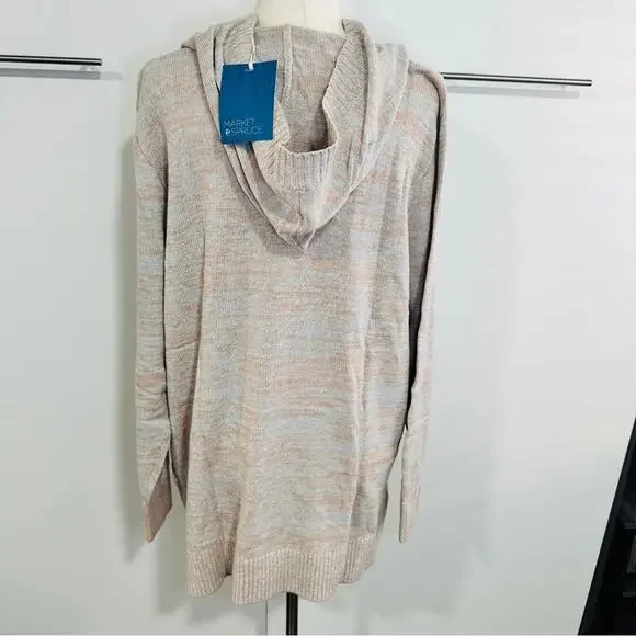 Market & Spruce Size 3X Casual Preppy Tan Neutral Cable Knit Hooded Sweater - Picture 3 of 11